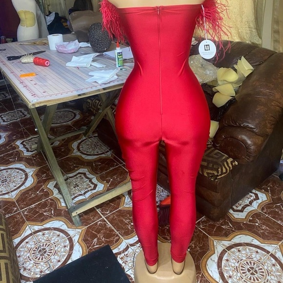 Red Feather Off-Shoulder Jumpsuit - Picture 7 of 7
